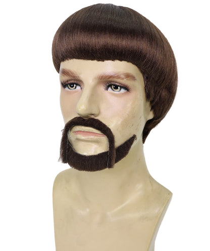 HPO Men’s Black Retro Bowl Cut Wig Mustache & Beard Set | Funny Party & Cosplay Accessory | Ideal for Halloween and Cosplay | Breathable Cap