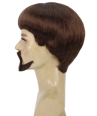 HPO Men’s Black Retro Bowl Cut Wig Mustache & Beard Set | Funny Party & Cosplay Accessory | Ideal for Halloween and Cosplay | Breathable Cap