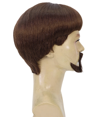 HPO Men’s Black Retro Bowl Cut Wig Mustache & Beard Set | Funny Party & Cosplay Accessory | Ideal for Halloween and Cosplay | Breathable Cap