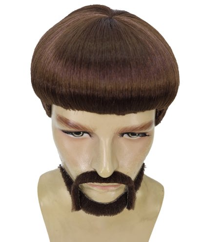 HPO Men’s Black Retro Bowl Cut Wig Mustache & Beard Set | Funny Party & Cosplay Accessory | Ideal for Halloween and Cosplay | Breathable Cap