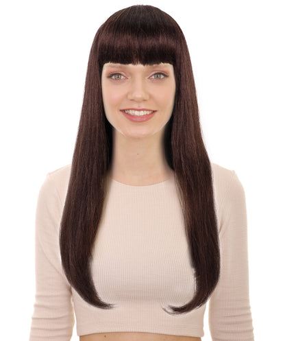 HPO Women’s Long Straight Black Wig with Bangs | Flame-retardant Synthetic Fiber | Classic Retro-Inspired Costume Hairpiece