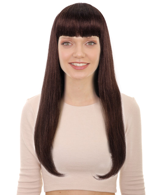 HPO Women’s Long Straight Black Wig with Bangs | Flame-retardant Synthetic Fiber | Classic Retro-Inspired Costume Hairpiece