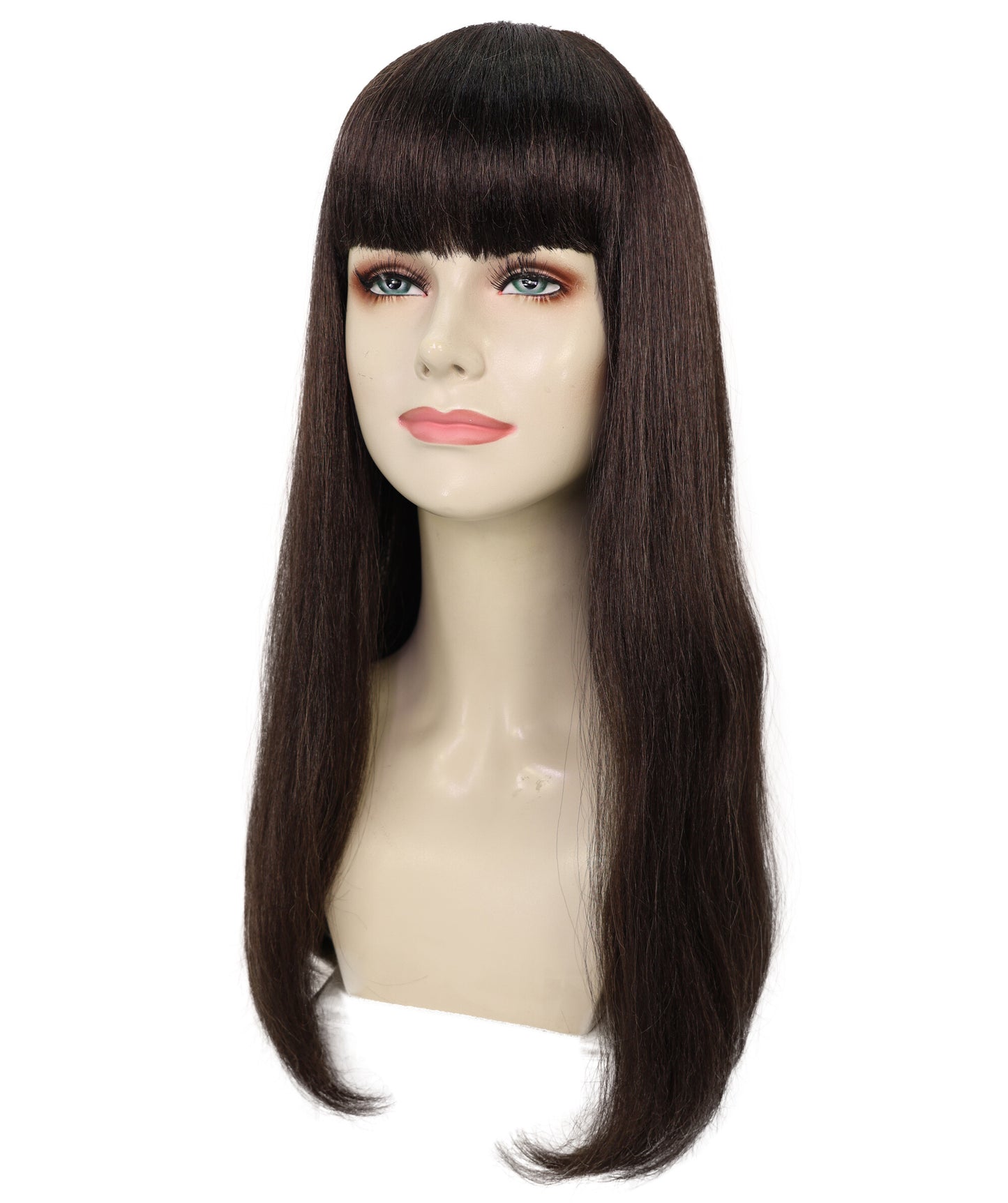 HPO Women’s Long Straight Black Wig with Bangs | Flame-retardant Synthetic Fiber | Classic Retro-Inspired Costume Hairpiece
