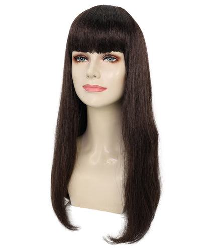 HPO Women’s Long Straight Black Wig with Bangs | Flame-retardant Synthetic Fiber | Classic Retro-Inspired Costume Hairpiece