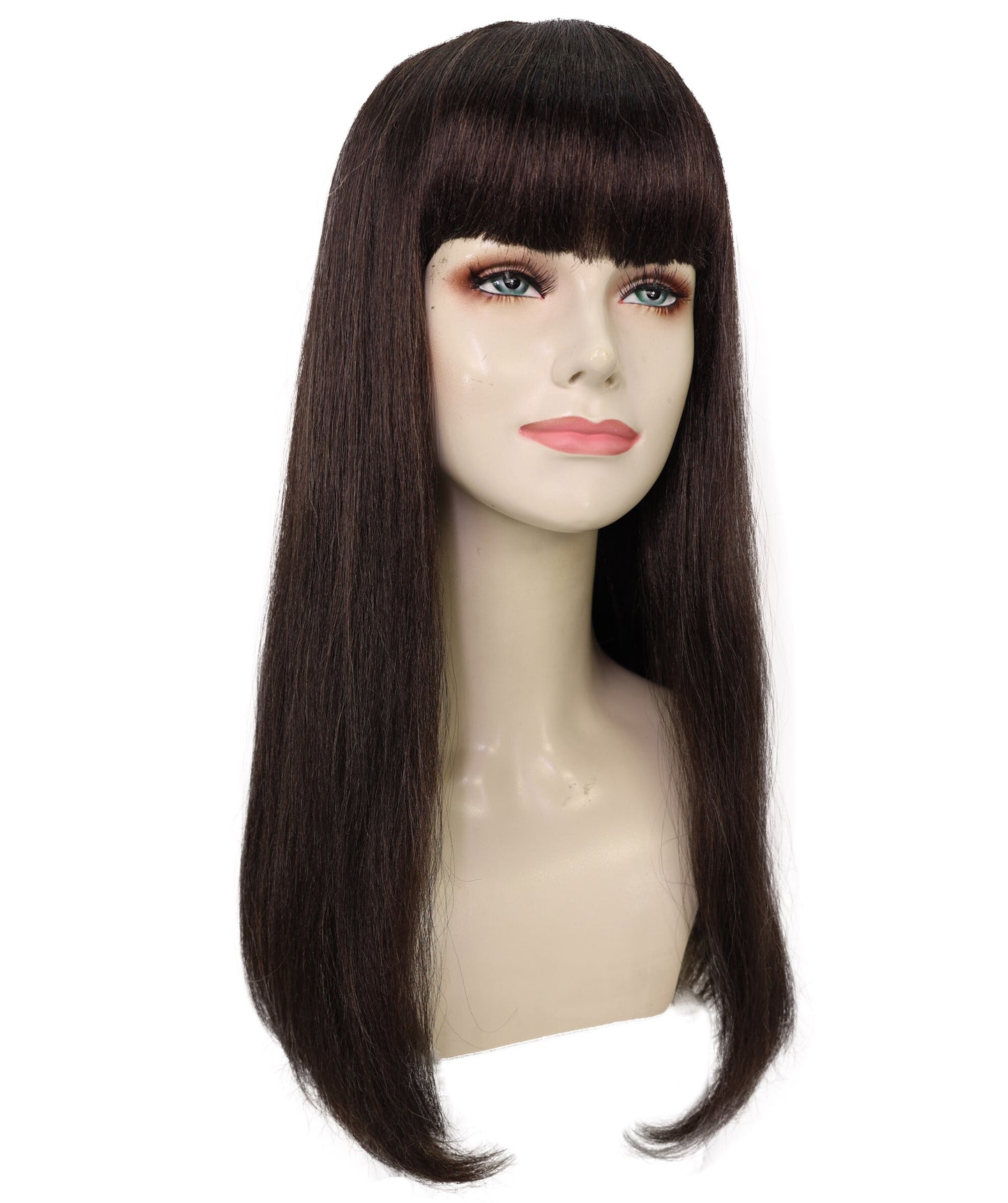 HPO Women’s Long Straight Black Wig with Bangs | Flame-retardant Synthetic Fiber | Classic Retro-Inspired Costume Hairpiece