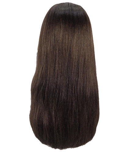 HPO Women’s Long Straight Black Wig with Bangs | Flame-retardant Synthetic Fiber | Classic Retro-Inspired Costume Hairpiece