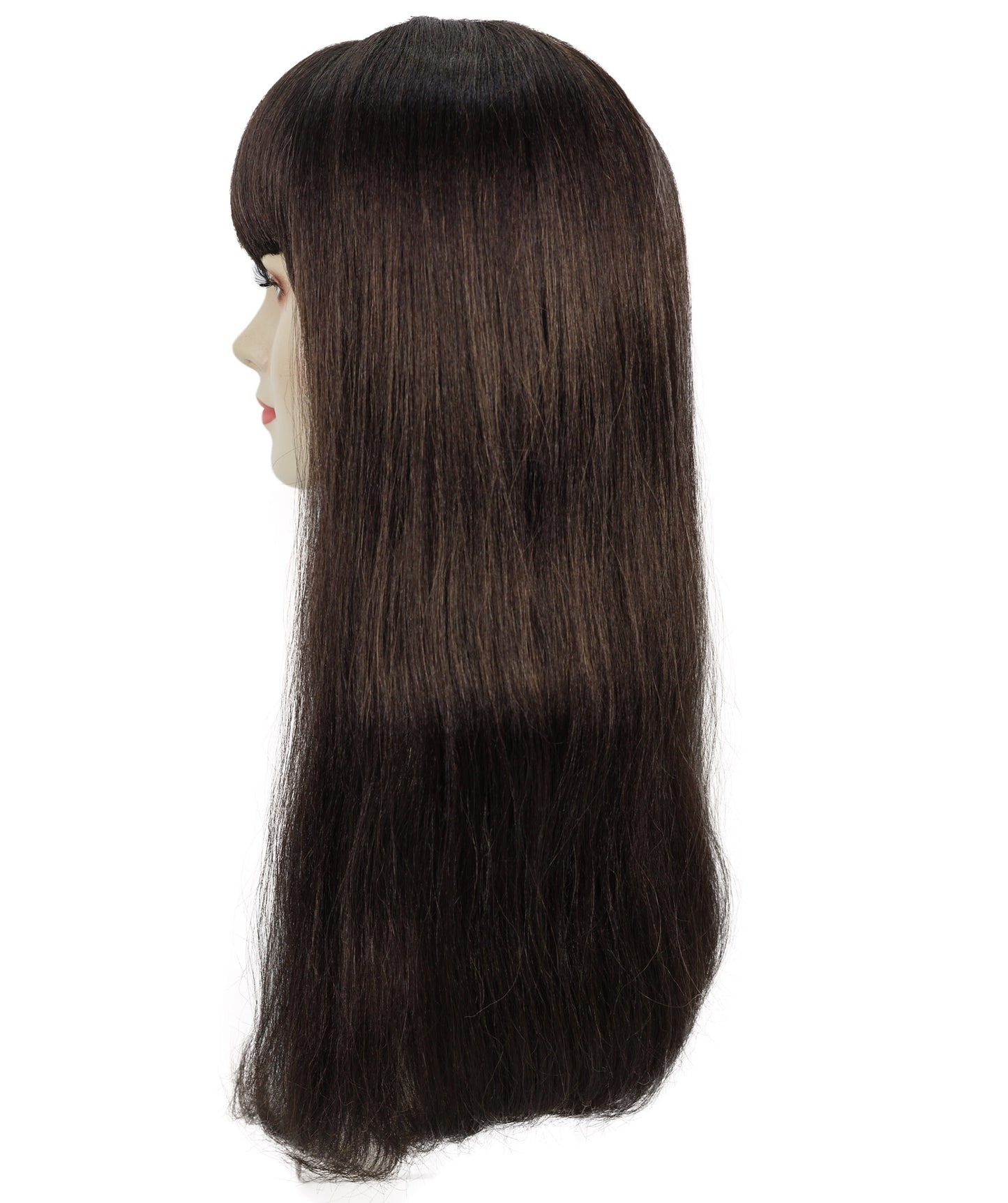 HPO Women’s Long Straight Black Wig with Bangs | Flame-retardant Synthetic Fiber | Classic Retro-Inspired Costume Hairpiece