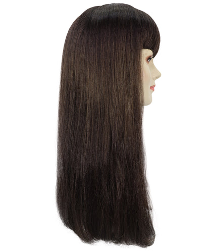 HPO Women’s Long Straight Black Wig with Bangs | Flame-retardant Synthetic Fiber | Classic Retro-Inspired Costume Hairpiece