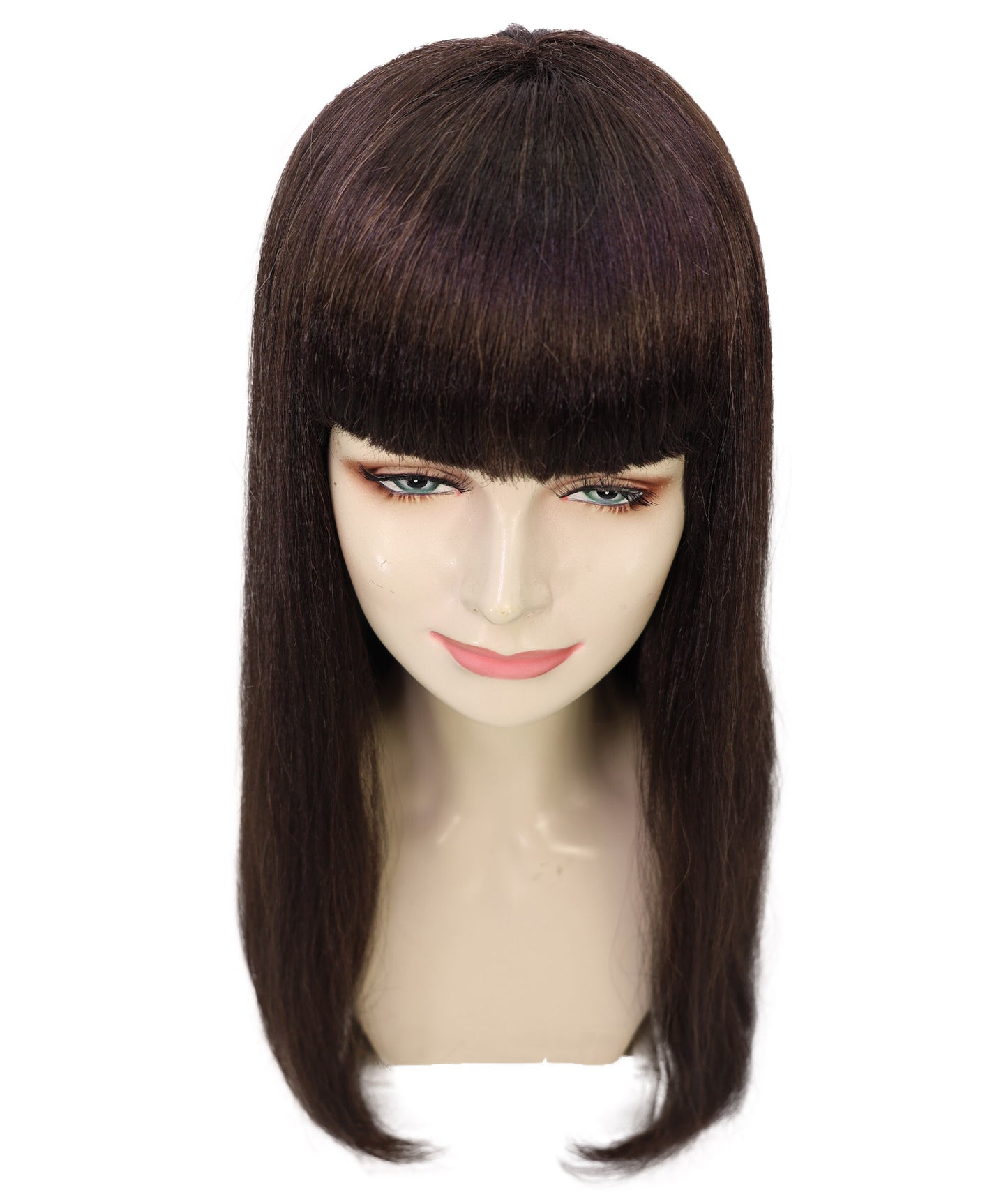 HPO Women’s Long Straight Black Wig with Bangs | Flame-retardant Synthetic Fiber | Classic Retro-Inspired Costume Hairpiece