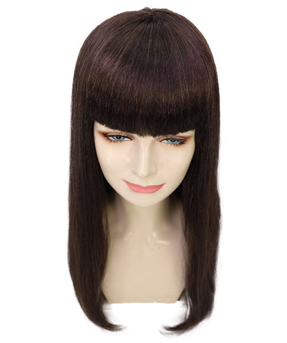 HPO Women’s Long Straight Black Wig with Bangs | Flame-retardant Synthetic Fiber | Classic Retro-Inspired Costume Hairpiece