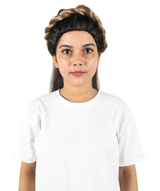 HPO Adult Women's Elegant Grecian-Inspired Black Straight Updo Wig with Braided Crown | Flame-retardant Synthetic Fiber | Long Flowing Style for Parties and Special Events