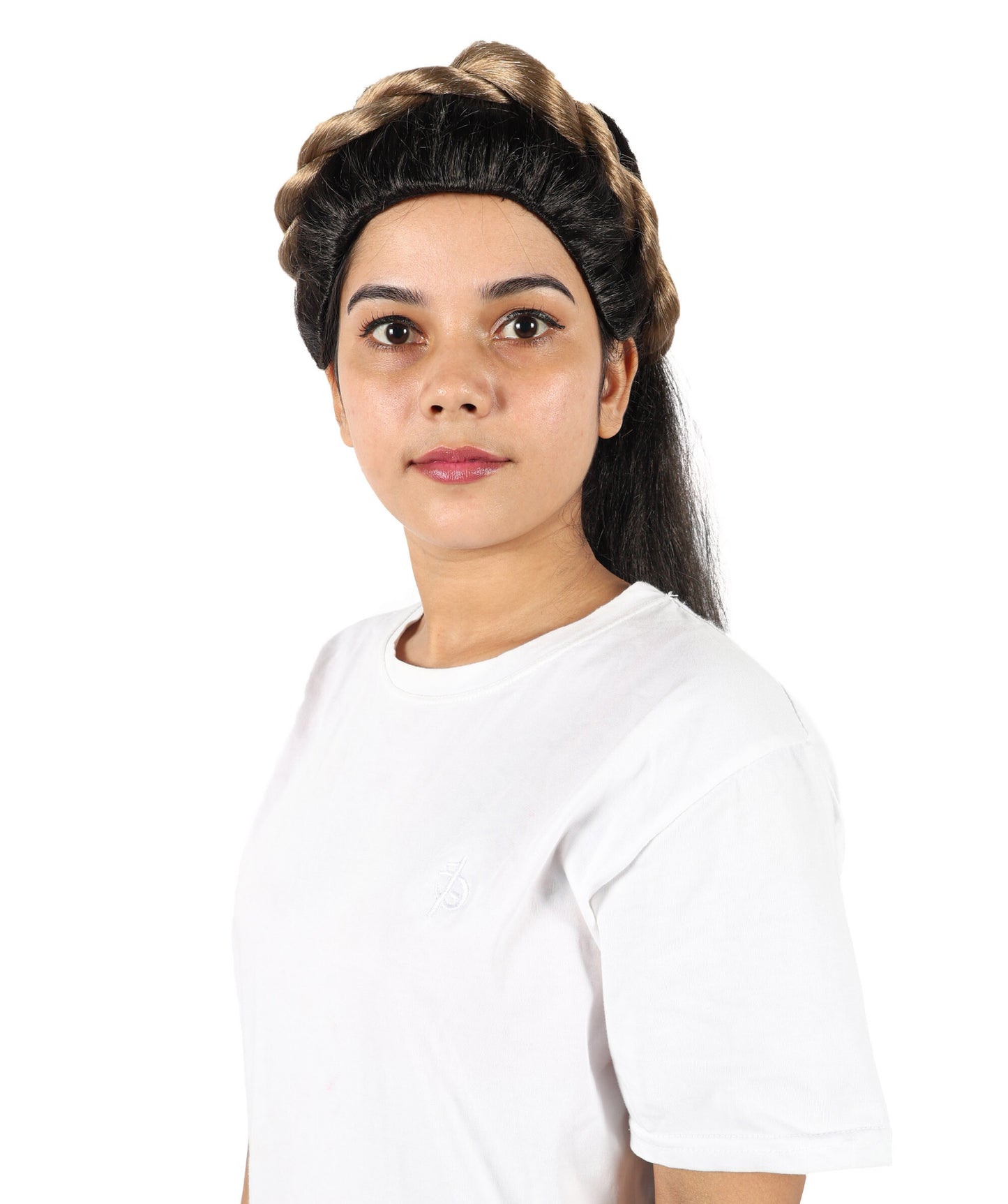 HPO Adult Women's Elegant Grecian-Inspired Black Straight Updo Wig with Braided Crown | Flame-retardant Synthetic Fiber | Long Flowing Style for Parties and Special Events