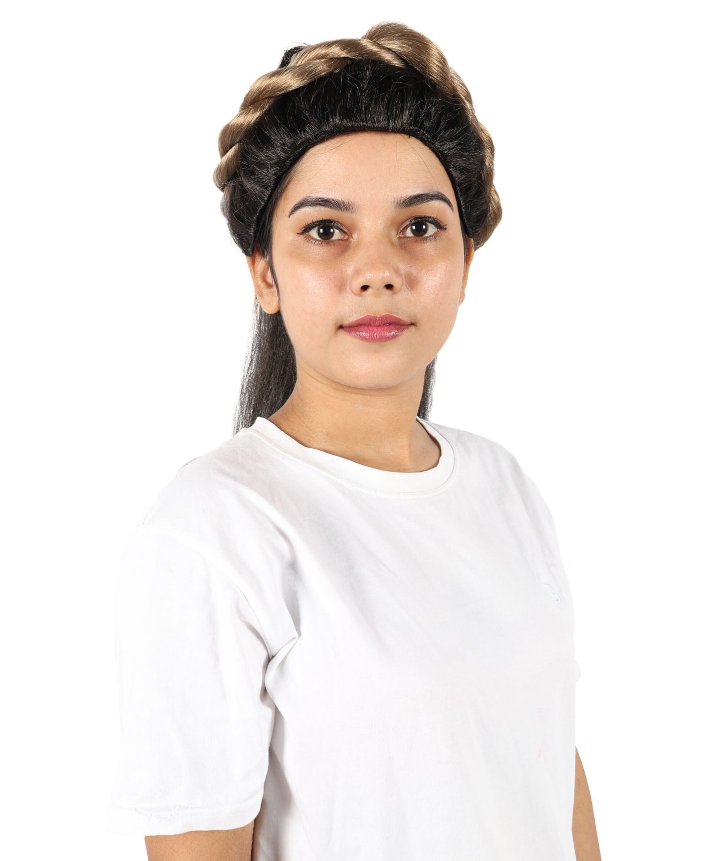 HPO Adult Women's Elegant Grecian-Inspired Black Straight Updo Wig with Braided Crown | Flame-retardant Synthetic Fiber | Long Flowing Style for Parties and Special Events