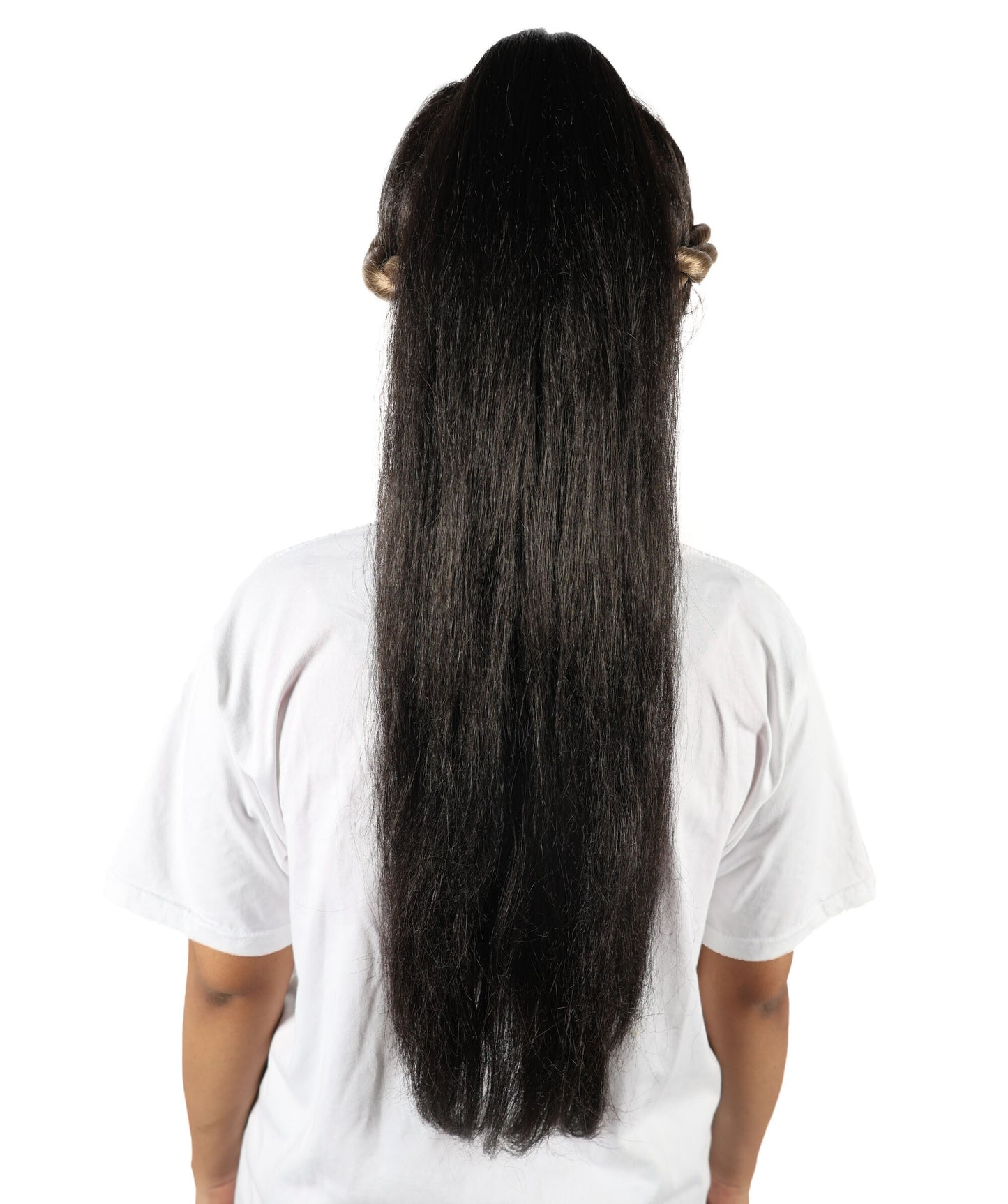 HPO Adult Women's Elegant Grecian-Inspired Black Straight Updo Wig with Braided Crown | Flame-retardant Synthetic Fiber | Long Flowing Style for Parties and Special Events