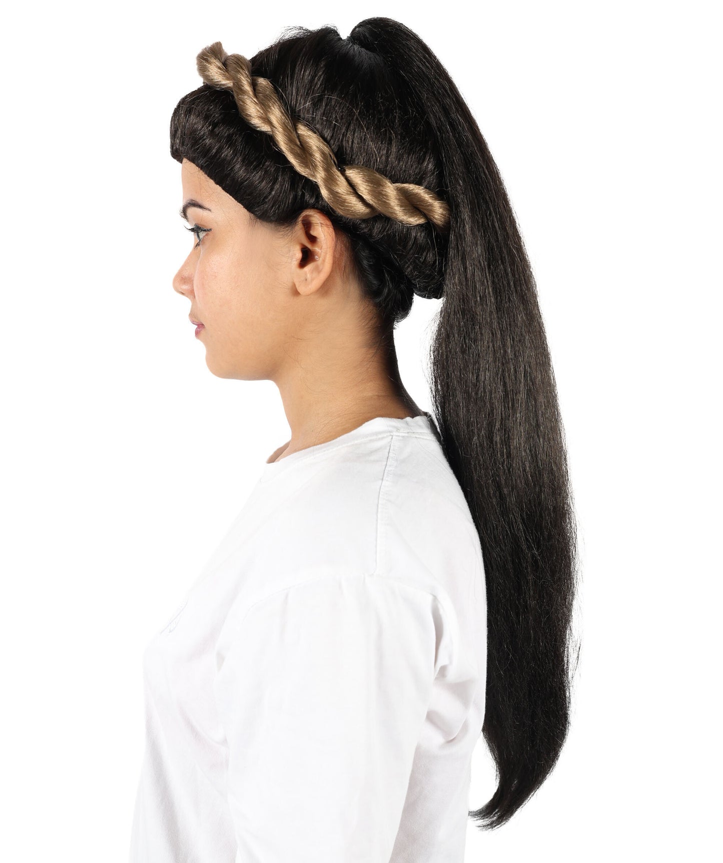 HPO Adult Women's Elegant Grecian-Inspired Black Straight Updo Wig with Braided Crown | Flame-retardant Synthetic Fiber | Long Flowing Style for Parties and Special Events