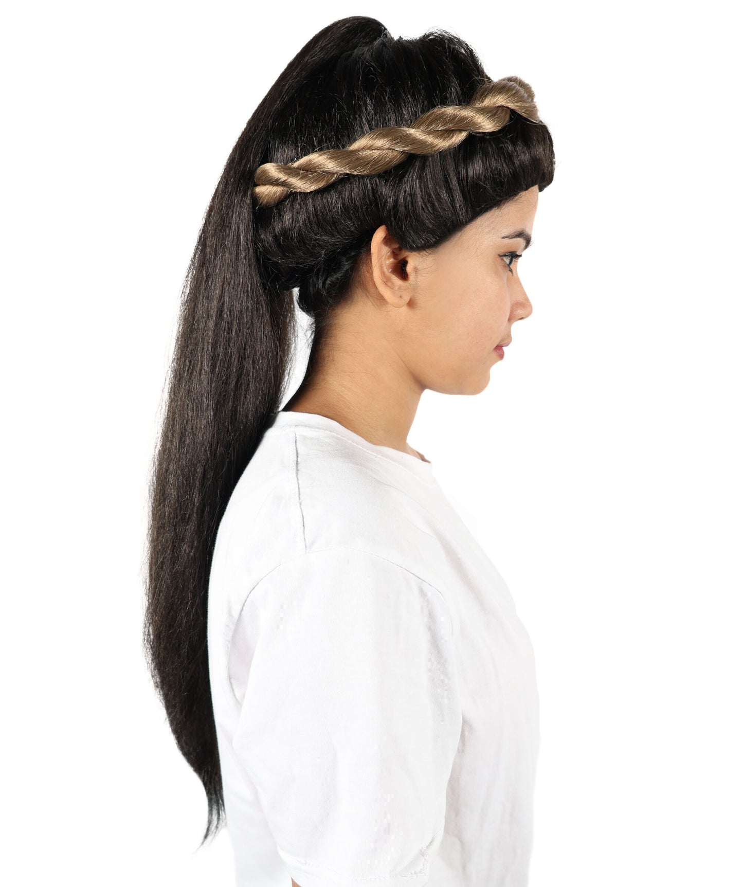 HPO Adult Women's Elegant Grecian-Inspired Black Straight Updo Wig with Braided Crown | Flame-retardant Synthetic Fiber | Long Flowing Style for Parties and Special Events