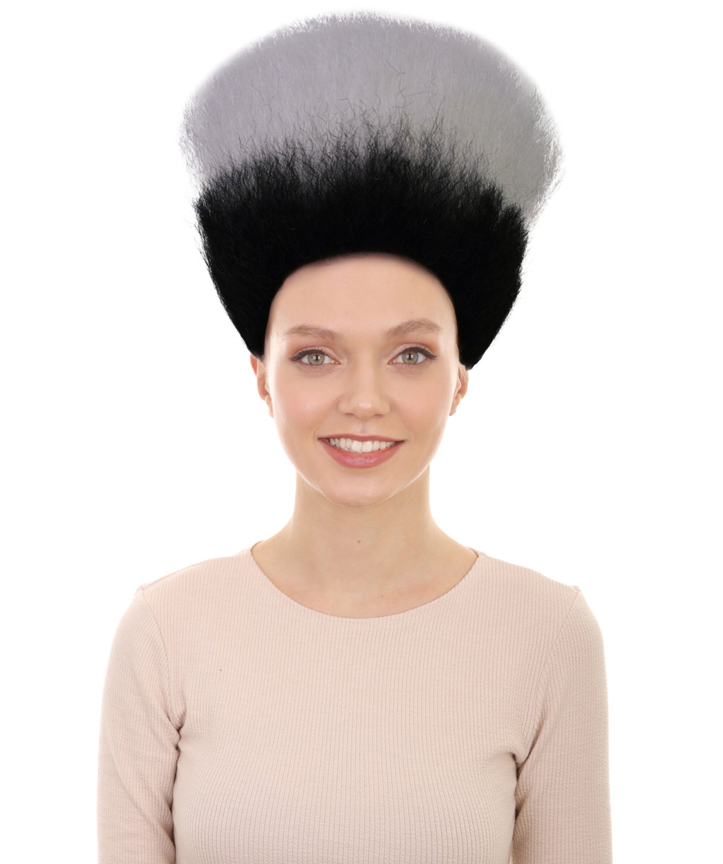 HPO Women’s Pop Diva Inspired Wig | Short Straight White Wig with Black Mixed Highlights | Synthetic Hairpiece with Adjustable Cap for  Cosplay & Stage