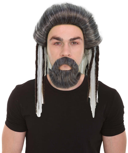 HPO Men’s Sea Monarch Wig and Beard Set Deluxe | Medium Flowing White & Brwon Mixed Wig with Matching Beard | Costume Hairpiece for Halloween, Cosplay, Parties & Stage