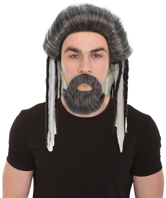 HPO Men’s Sea Monarch Wig and Beard Set Deluxe | Medium Flowing White & Brwon Mixed Wig with Matching Beard | Costume Hairpiece for Halloween, Cosplay, Parties & Stage