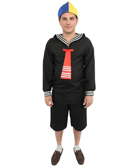 HPO Men's Vintage Sailor Black Uniform Costume | Structured Ronior and Jersey Fabric Featuring Striped Collar and Contrast Red Tie | Ideal for Halloween, Theater, Drag, and Maritime Performance Events