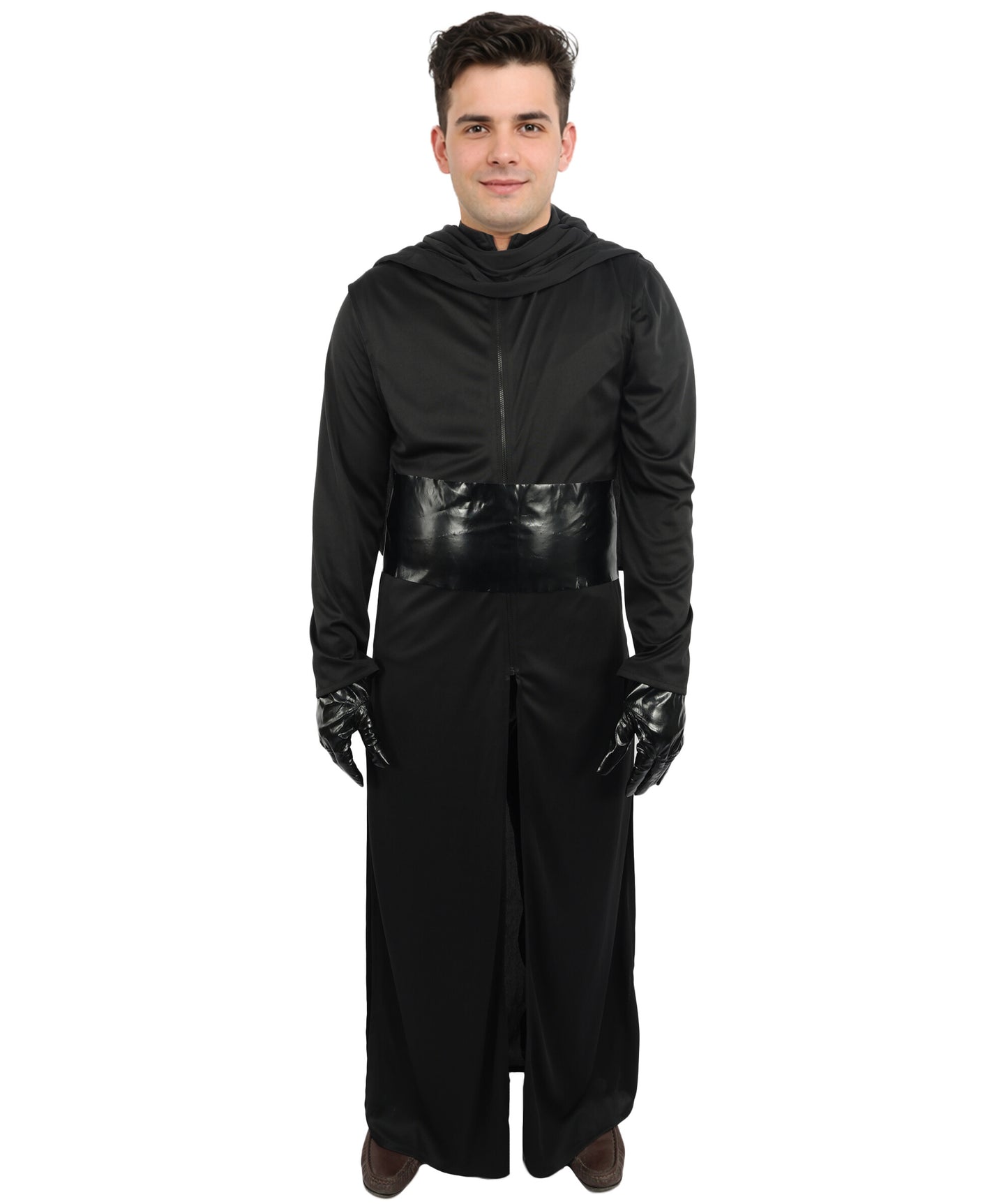 HPO Men's Galactic Space Warrior Black Costume | Flowing Black Jersey and Structured PVC Belt | Ideal for Halloween, Theater, Drag, and Sci-Fi Performance Events