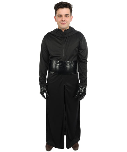 HPO Men's Galactic Space Warrior Black Costume | Flowing Black Jersey and Structured PVC Belt | Ideal for Halloween, Theater, Drag, and Sci-Fi Performance Events