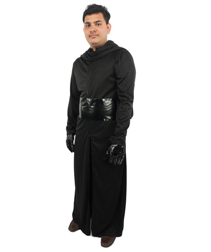 HPO Men's Galactic Space Warrior Black Costume | Flowing Black Jersey and Structured PVC Belt | Ideal for Halloween, Theater, Drag, and Sci-Fi Performance Events
