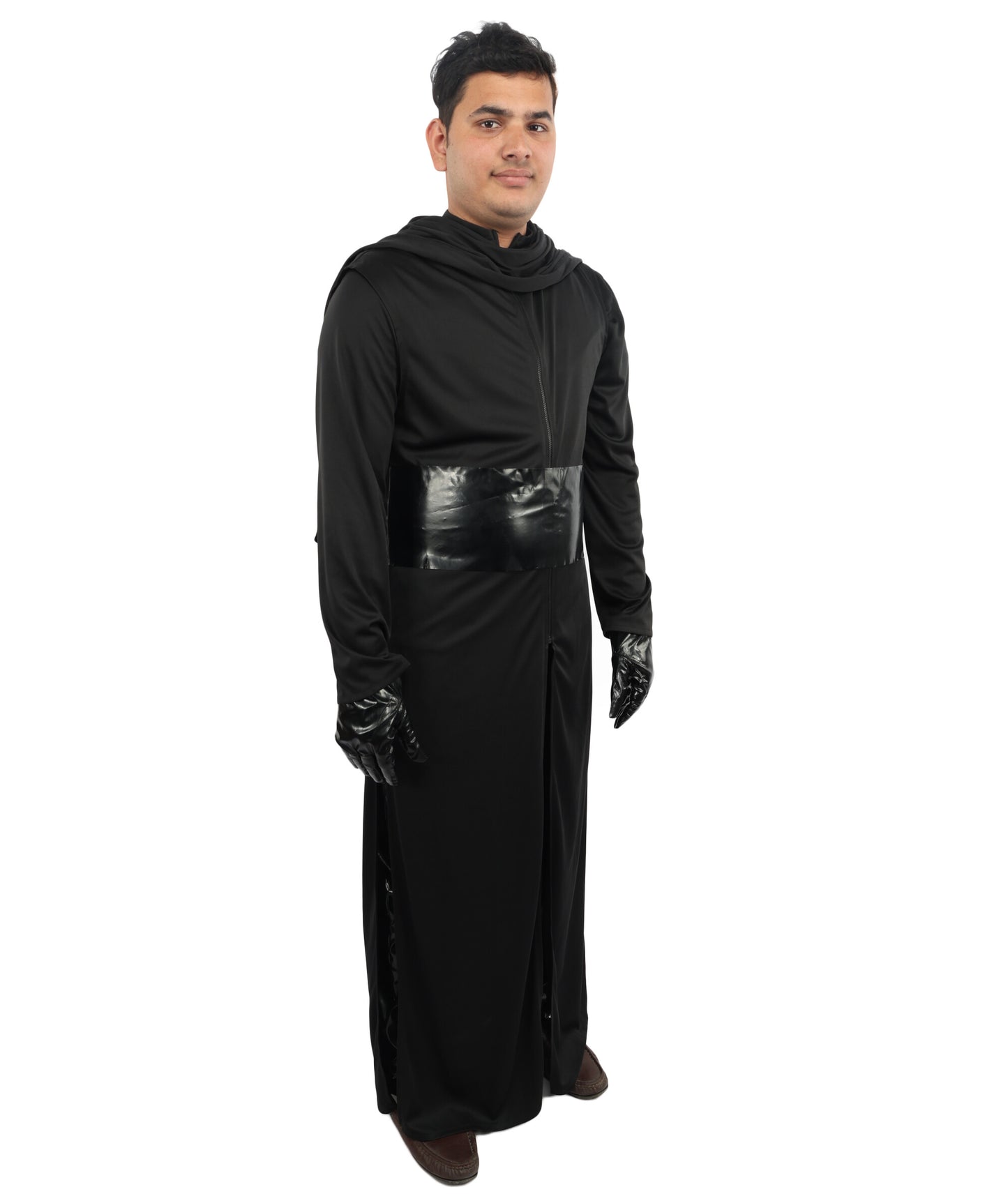 HPO Men's Galactic Space Warrior Black Costume | Flowing Black Jersey and Structured PVC Belt | Ideal for Halloween, Theater, Drag, and Sci-Fi Performance Events