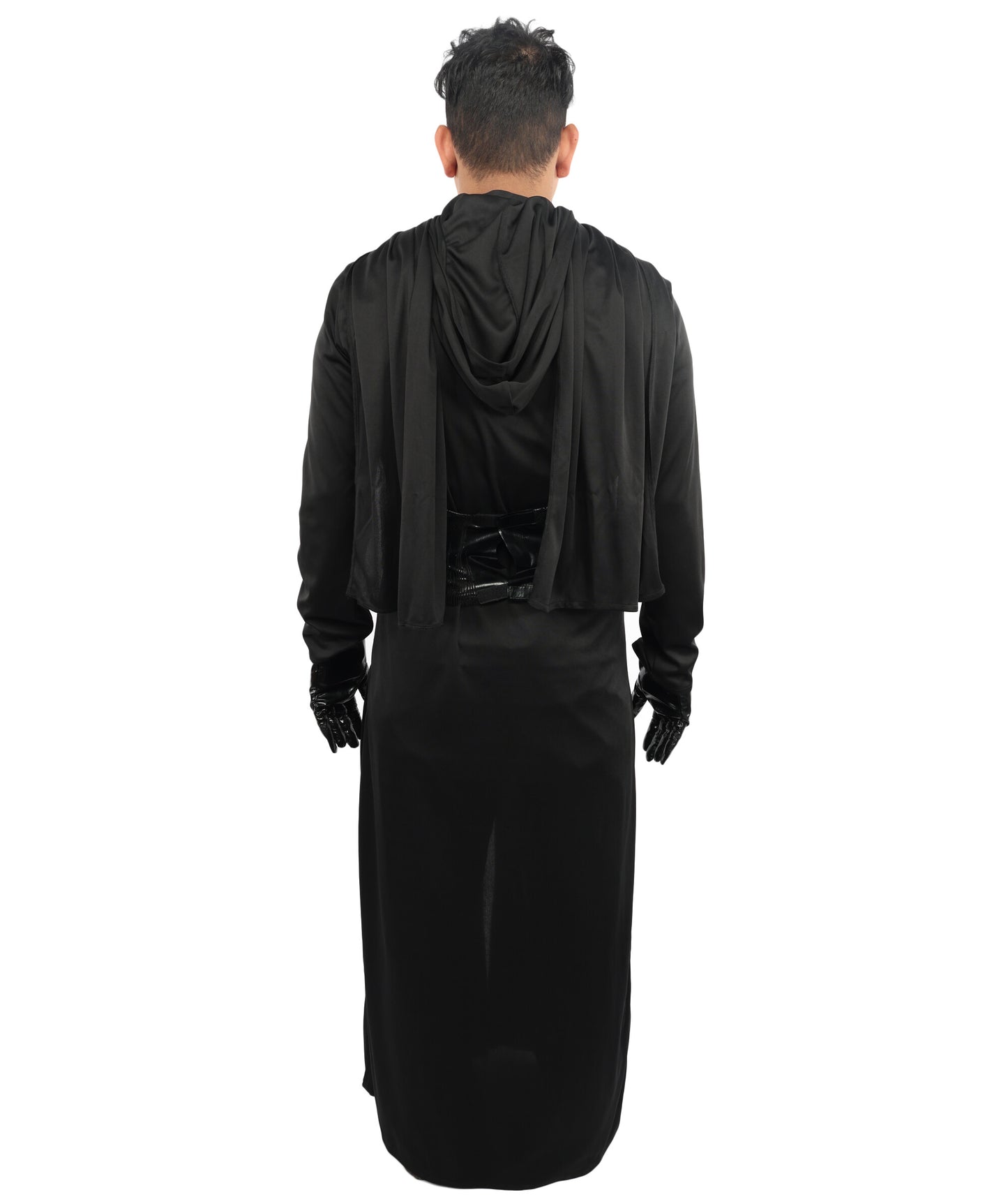 HPO Men's Galactic Space Warrior Black Costume | Flowing Black Jersey and Structured PVC Belt | Ideal for Halloween, Theater, Drag, and Sci-Fi Performance Events