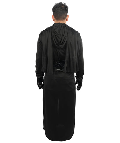 HPO Men's Galactic Space Warrior Black Costume | Flowing Black Jersey and Structured PVC Belt | Ideal for Halloween, Theater, Drag, and Sci-Fi Performance Events