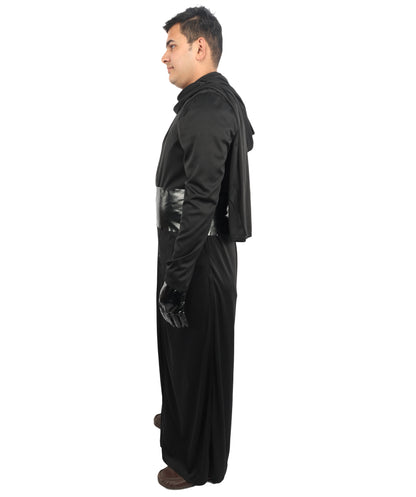 HPO Men's Galactic Space Warrior Black Costume | Flowing Black Jersey and Structured PVC Belt | Ideal for Halloween, Theater, Drag, and Sci-Fi Performance Events