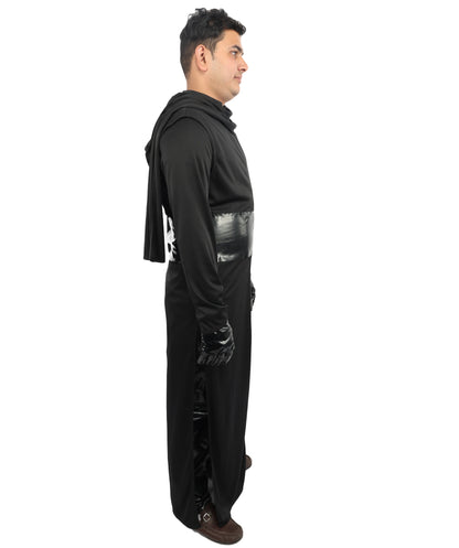 HPO Men's Galactic Space Warrior Black Costume | Flowing Black Jersey and Structured PVC Belt | Ideal for Halloween, Theater, Drag, and Sci-Fi Performance Events