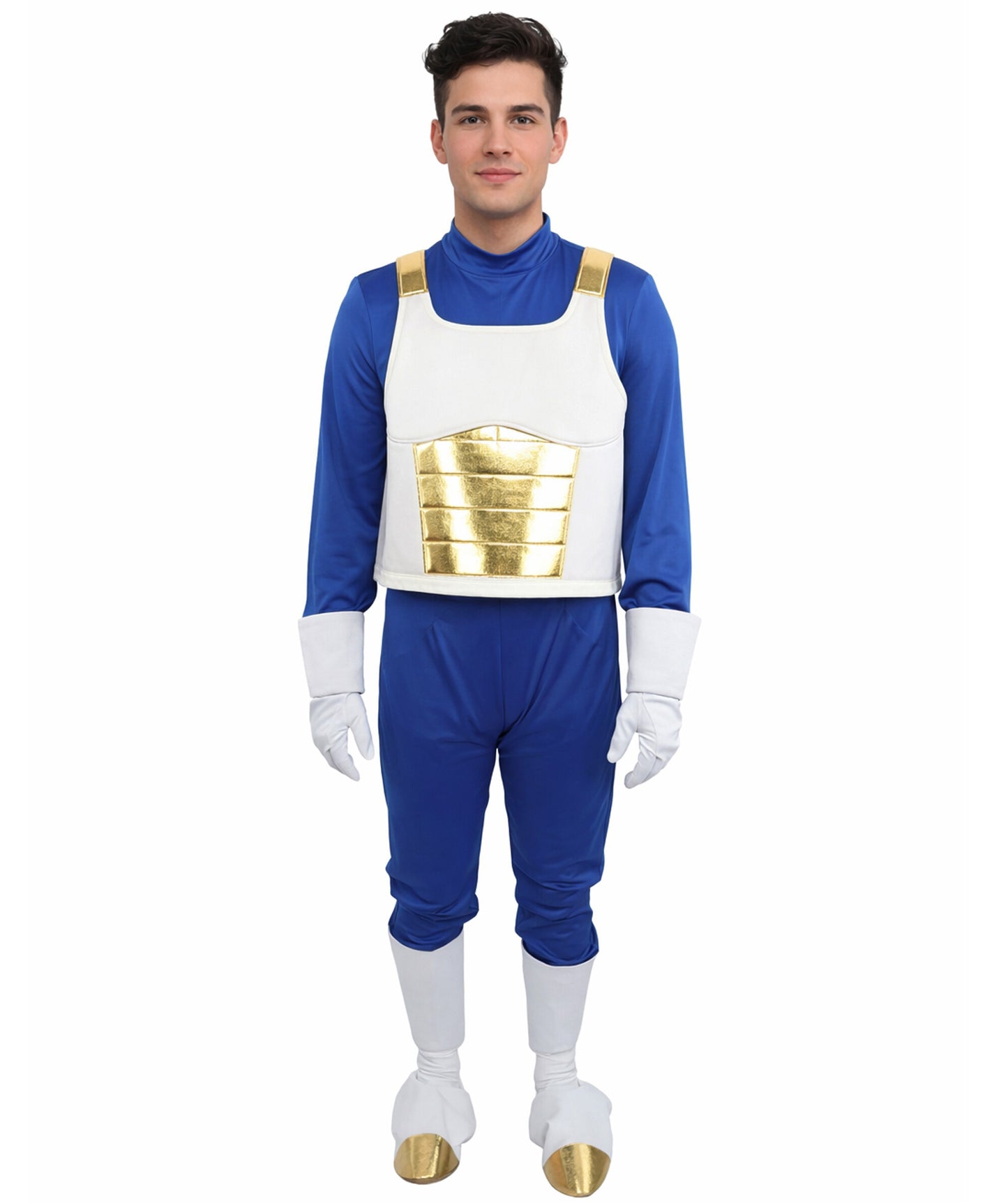 HPO Men's Galactic Anime Fighter Costume | Blue Jersey and Gold PVC Armor Construction with Hand and Leg Gloves | Ideal for Theater, Halloween, Drag, and Anime Convention Events