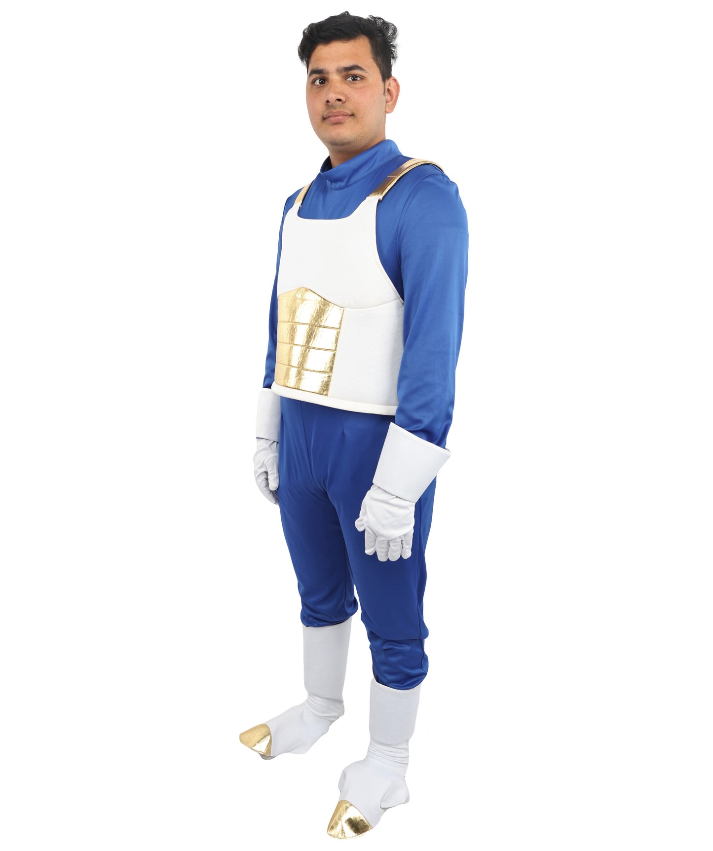 HPO Men's Galactic Anime Fighter Costume | Blue Jersey and Gold PVC Armor Construction with Hand and Leg Gloves | Ideal for Theater, Halloween, Drag, and Anime Convention Events