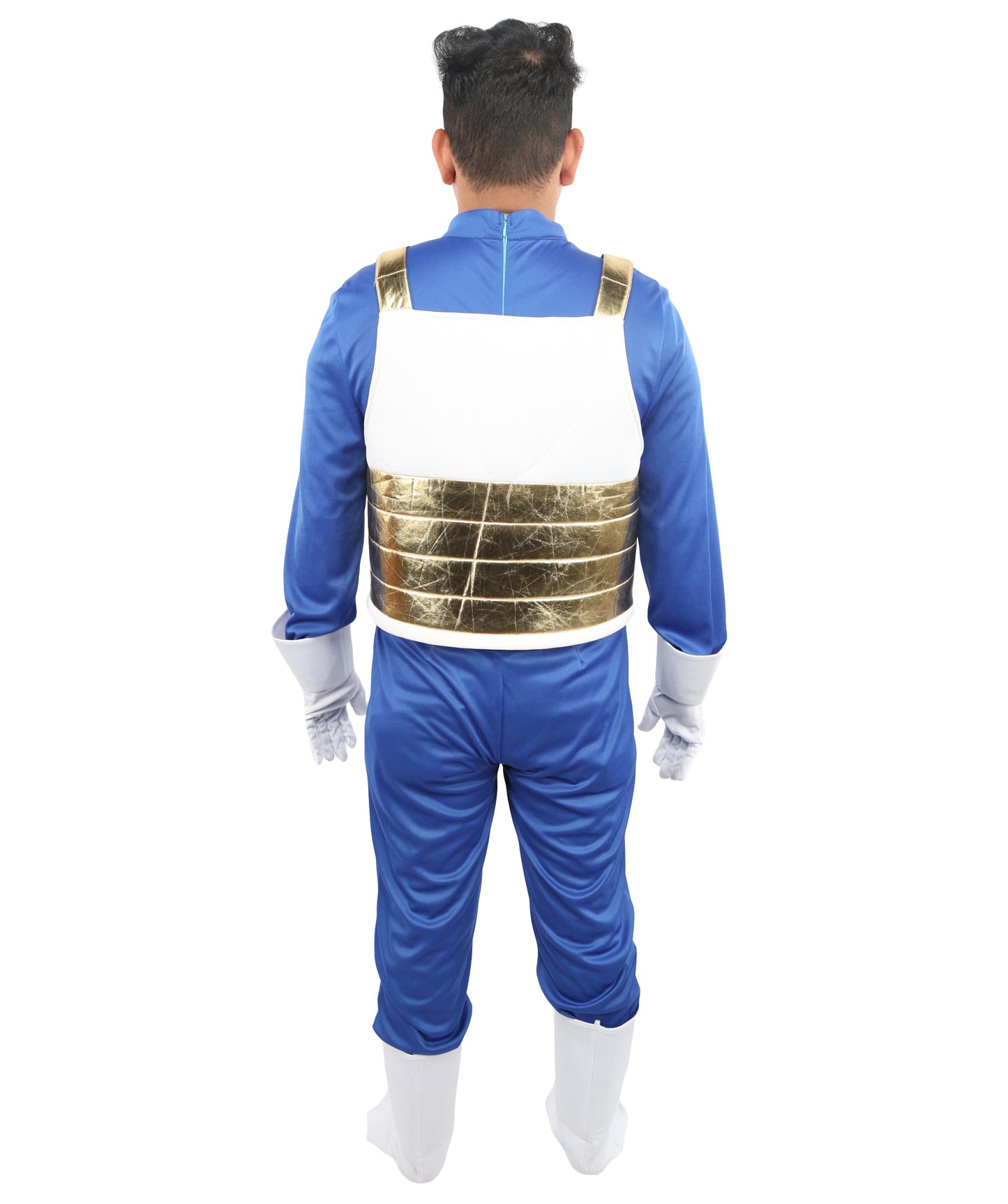 HPO Men's Galactic Anime Fighter Costume | Blue Jersey and Gold PVC Armor Construction with Hand and Leg Gloves | Ideal for Theater, Halloween, Drag, and Anime Convention Events