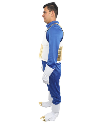HPO Men's Galactic Anime Fighter Costume | Blue Jersey and Gold PVC Armor Construction with Hand and Leg Gloves | Ideal for Theater, Halloween, Drag, and Anime Convention Events