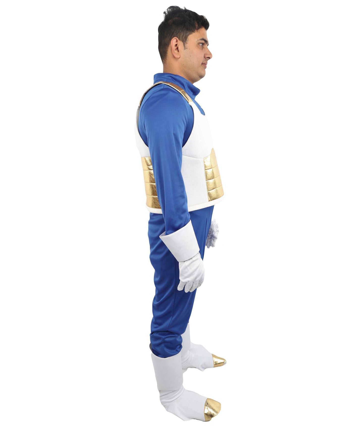 HPO Men's Galactic Anime Fighter Costume | Blue Jersey and Gold PVC Armor Construction with Hand and Leg Gloves | Ideal for Theater, Halloween, Drag, and Anime Convention Events