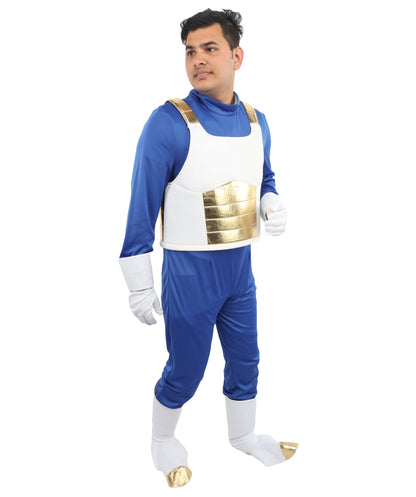 HPO Men's Galactic Anime Fighter Costume | Blue Jersey and Gold PVC Armor Construction with Hand and Leg Gloves | Ideal for Theater, Halloween, Drag, and Anime Convention Events