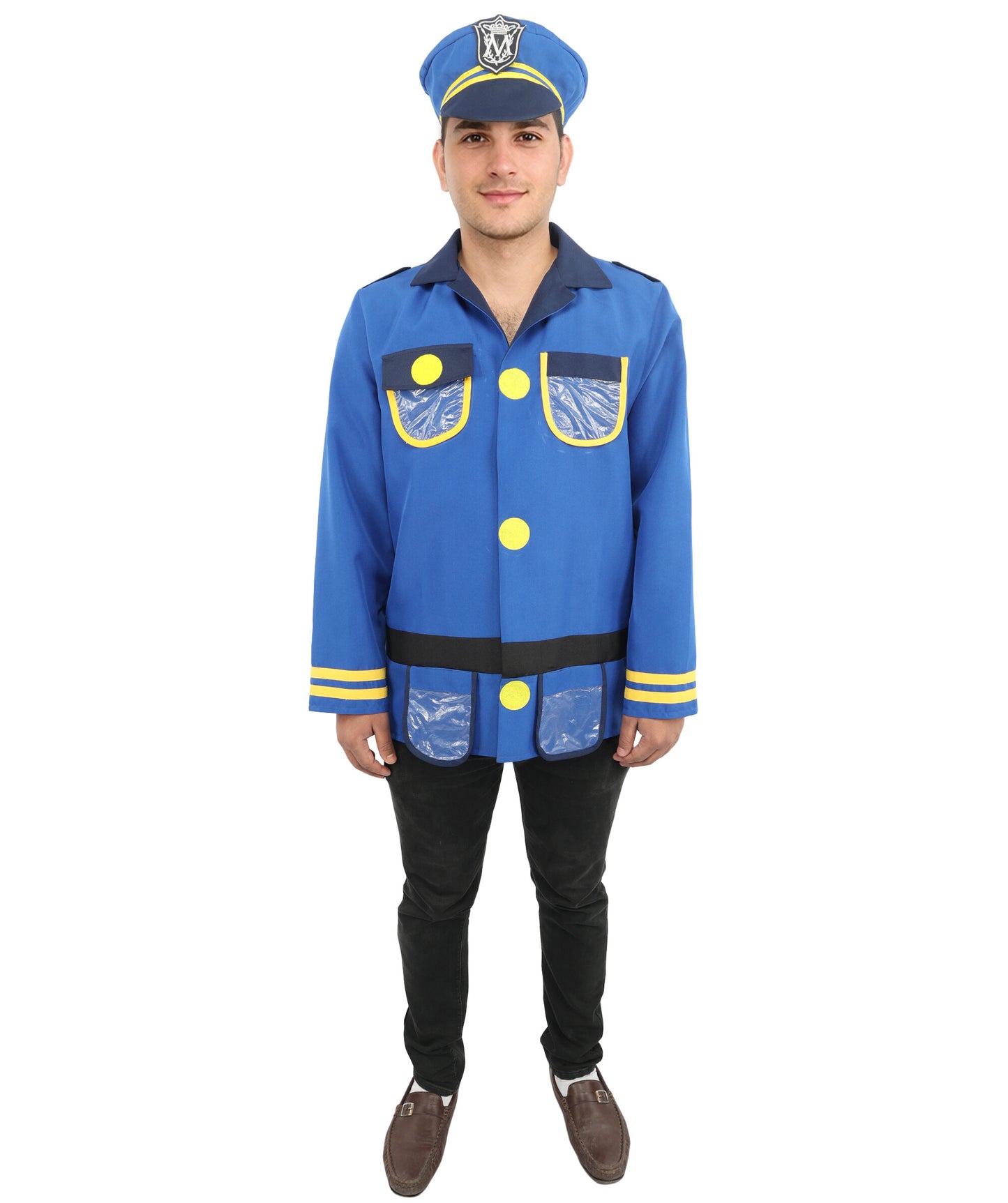 HPO Men's Police Officer Costume Set | Blue Ronior and NW Fabric Construction with Matching Cap | Ideal for Halloween, Theater, Drag, and Themed Performance Events