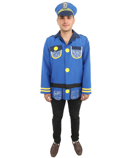 HPO Men's Police Officer Costume Set | Blue Ronior and NW Fabric Construction with Matching Cap | Ideal for Halloween, Theater, Drag, and Themed Performance Events