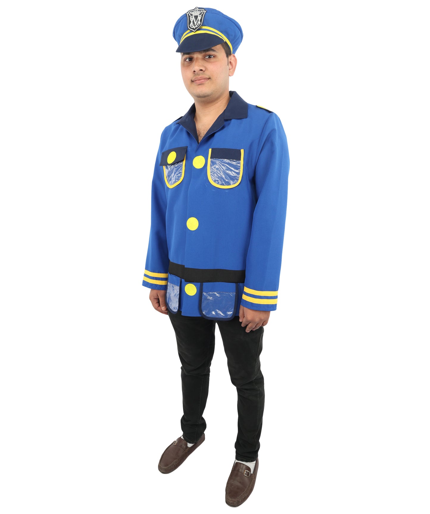 HPO Men's Police Officer Costume Set | Blue Ronior and NW Fabric Construction with Matching Cap | Ideal for Halloween, Theater, Drag, and Themed Performance Events