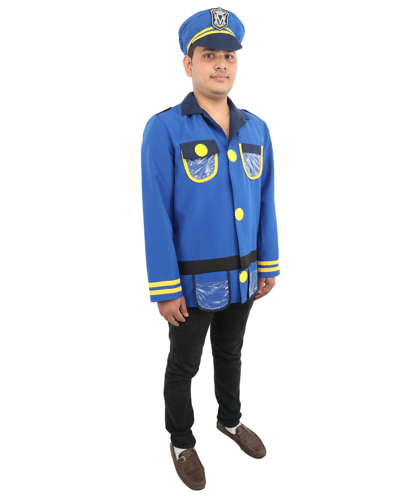 HPO Men's Police Officer Costume Set | Blue Ronior and NW Fabric Construction with Matching Cap | Ideal for Halloween, Theater, Drag, and Themed Performance Events