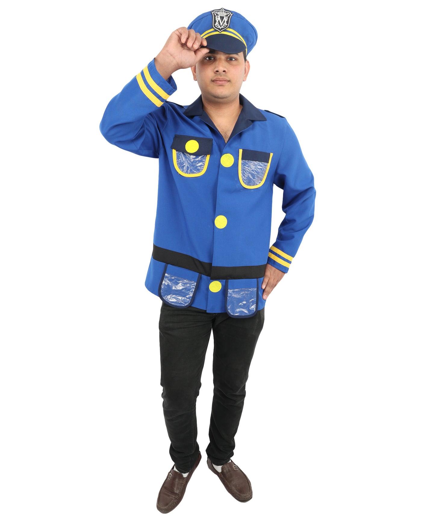 HPO Men's Police Officer Costume Set | Blue Ronior and NW Fabric Construction with Matching Cap | Ideal for Halloween, Theater, Drag, and Themed Performance Events
