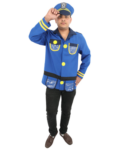 HPO Men's Police Officer Costume Set | Blue Ronior and NW Fabric Construction with Matching Cap | Ideal for Halloween, Theater, Drag, and Themed Performance Events