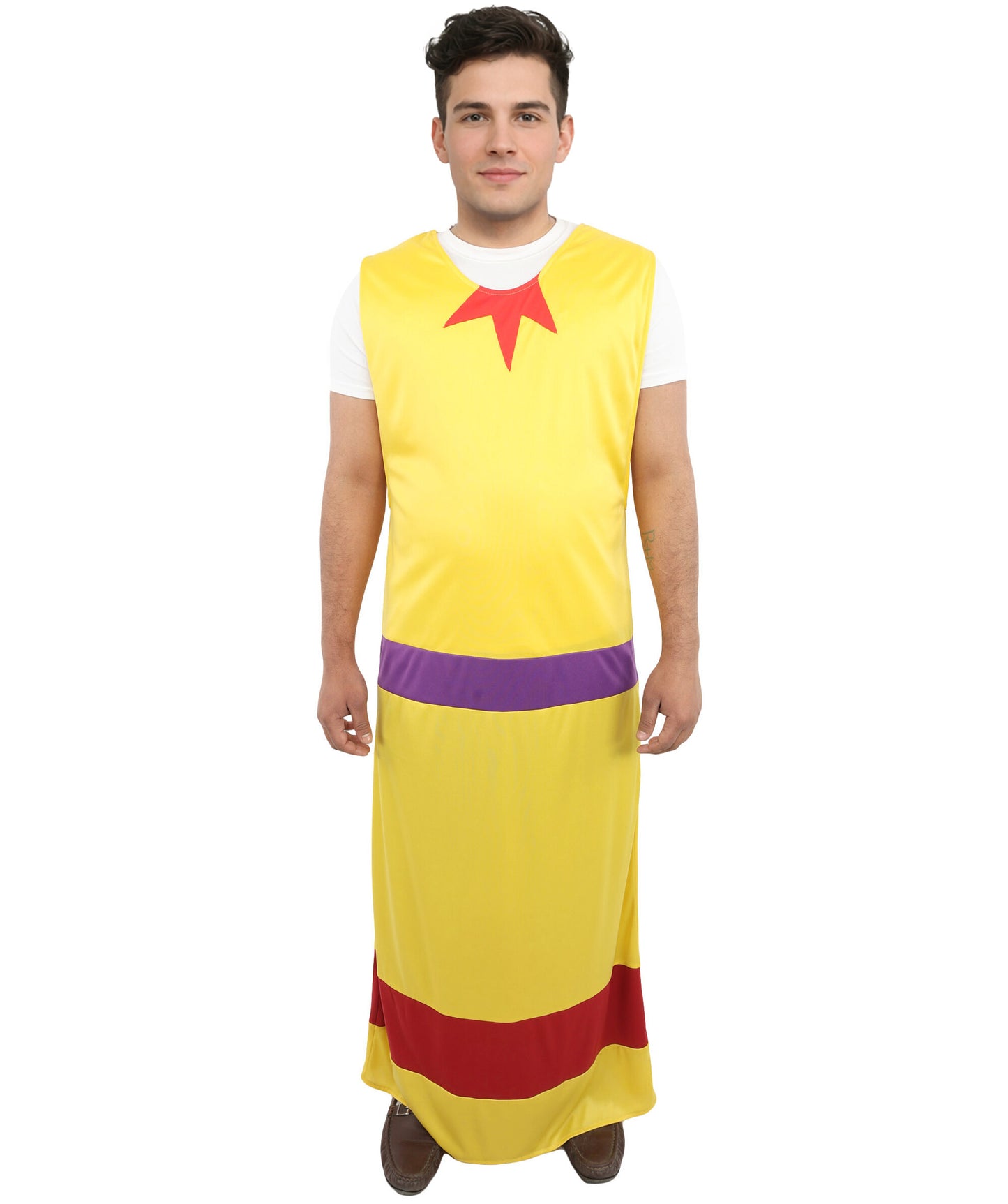 HPO Men's Vintage Movie-Inspired Yellow Costume | Long Jersey Robe with Purple Waist Detail | Themed Party, Stage Performance & Cosplay Outfit