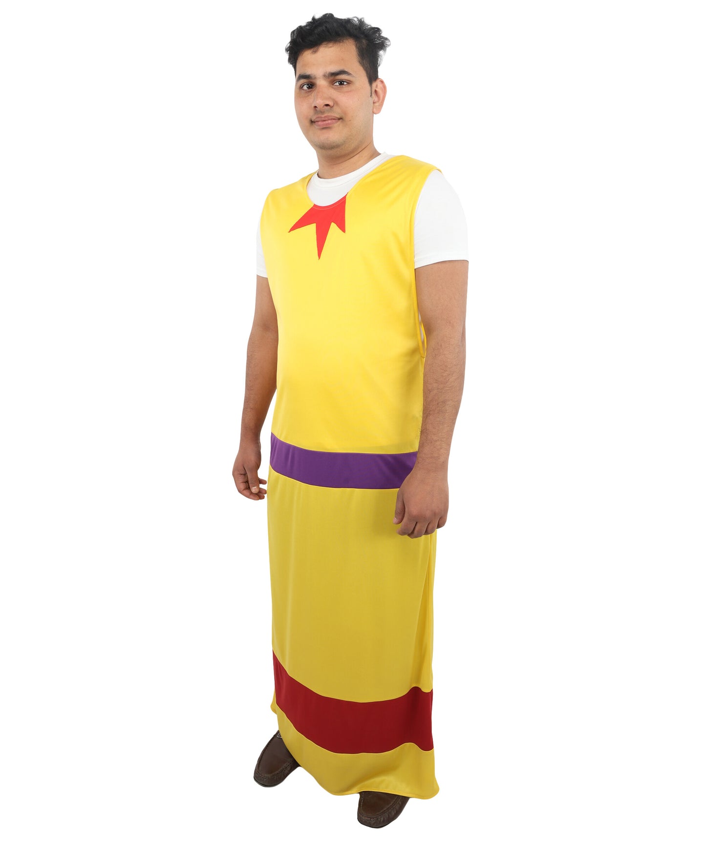 HPO Men's Vintage Movie-Inspired Yellow Costume | Long Jersey Robe with Purple Waist Detail | Themed Party, Stage Performance & Cosplay Outfit