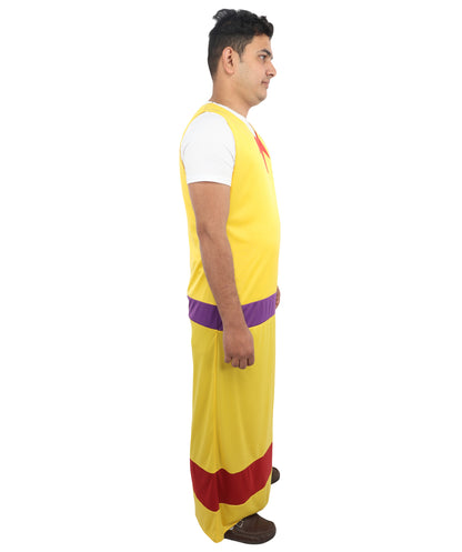 HPO Men's Vintage Movie-Inspired Yellow Costume | Long Jersey Robe with Purple Waist Detail | Themed Party, Stage Performance & Cosplay Outfit