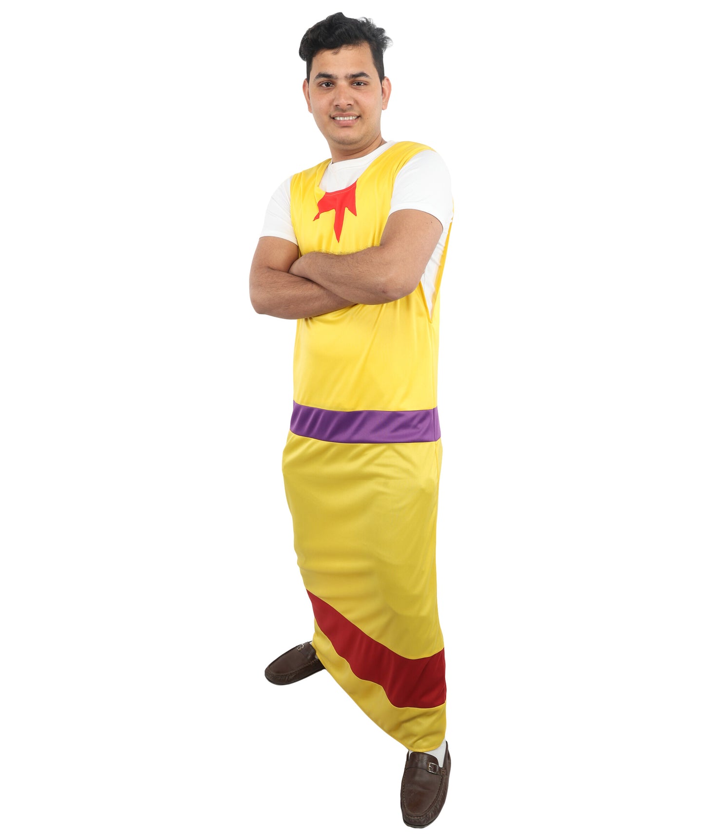 HPO Men's Vintage Movie-Inspired Yellow Costume | Long Jersey Robe with Purple Waist Detail | Themed Party, Stage Performance & Cosplay Outfit