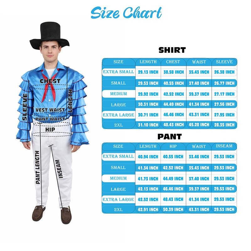 HPO Men's Rhythmic Multicolor Uniform Costume | Tiered Ruffle Satin Sleeves with Contrast Neck Tie and White Trousers | Ideal for Cosplay, Halloween, Drag, and Latin Dance Performance Events