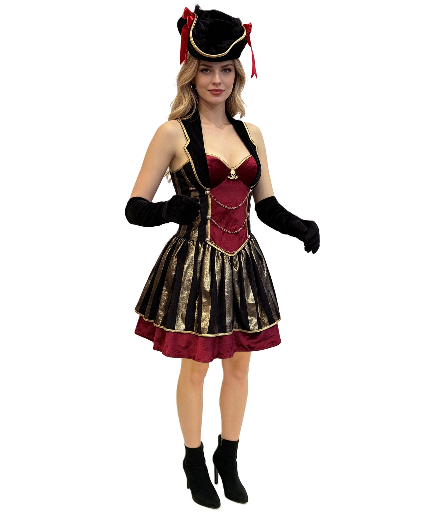 HPO Women’s Pirate Costume | Black & Red Dress with Hat and Gloves | Cosplay, Halloween, Stage, Roleplay & Themed Party Outfit